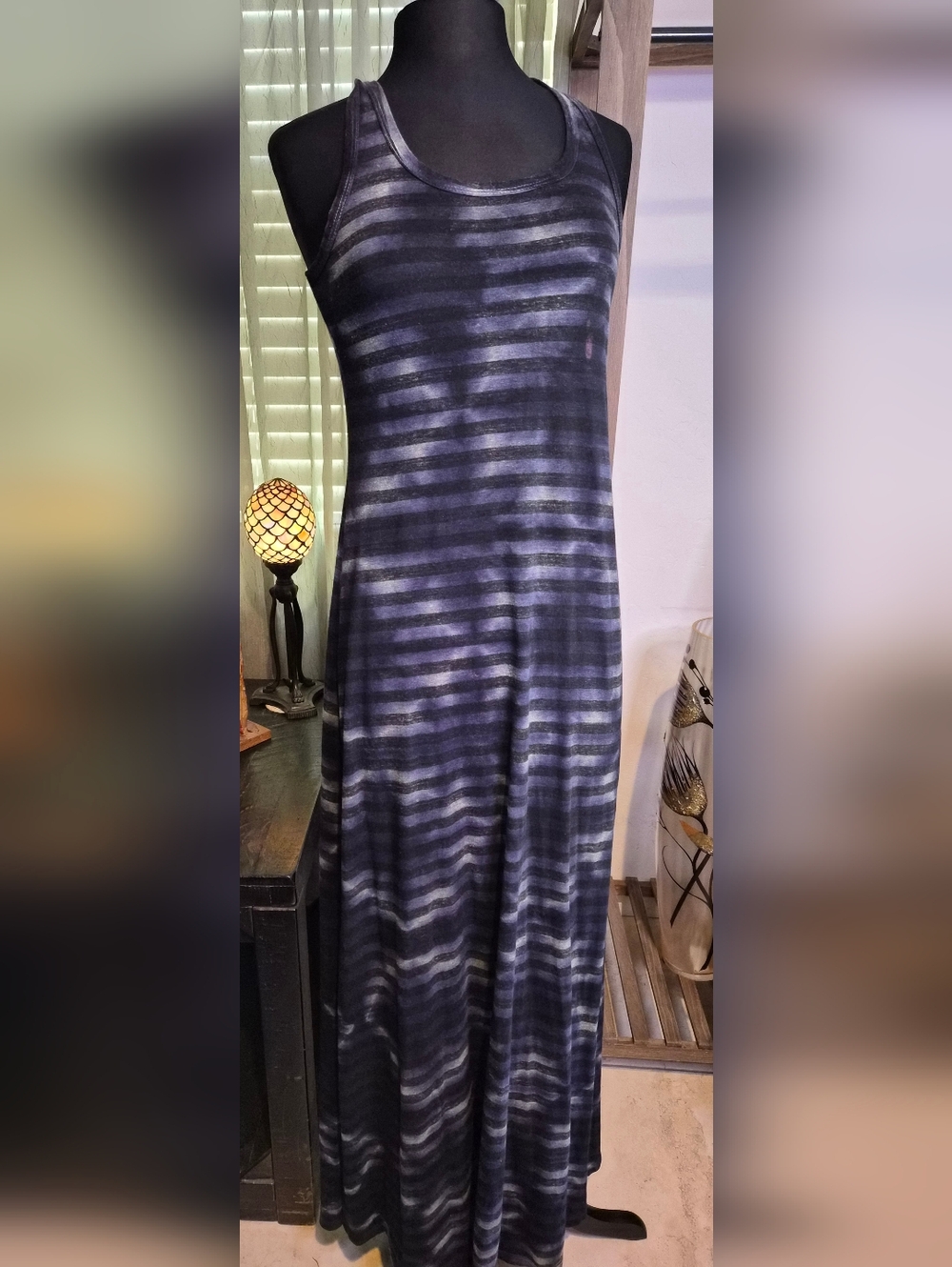 T Party Fashion Black and Gray Striped Racerback Maxi Dress #0194
